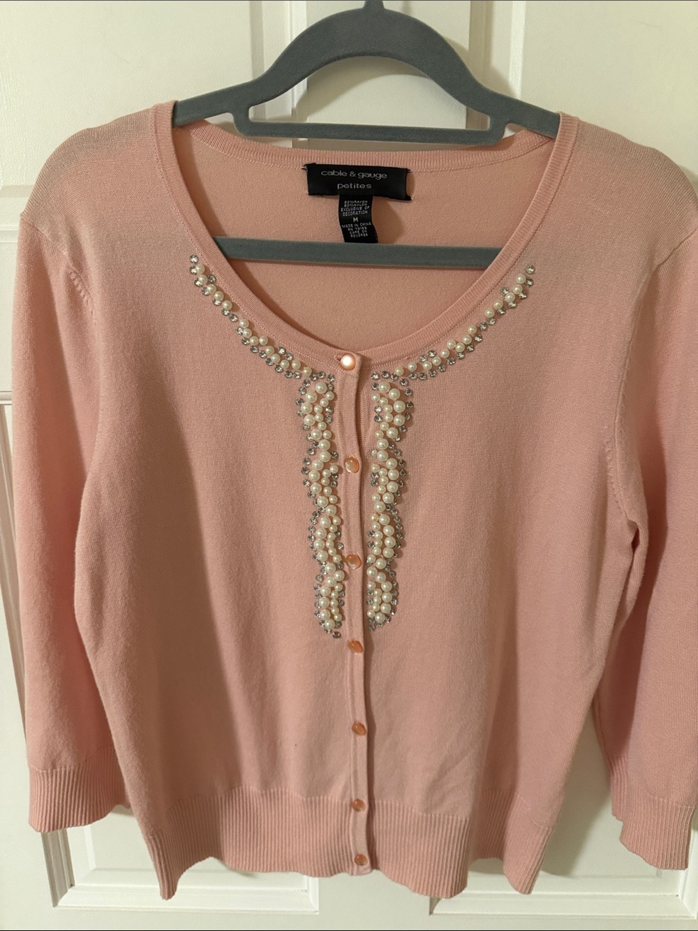 Cable & Gauge Pink Pearl Rhinestone
Embellished Cardigan Sweater 3/4 sleeve MP